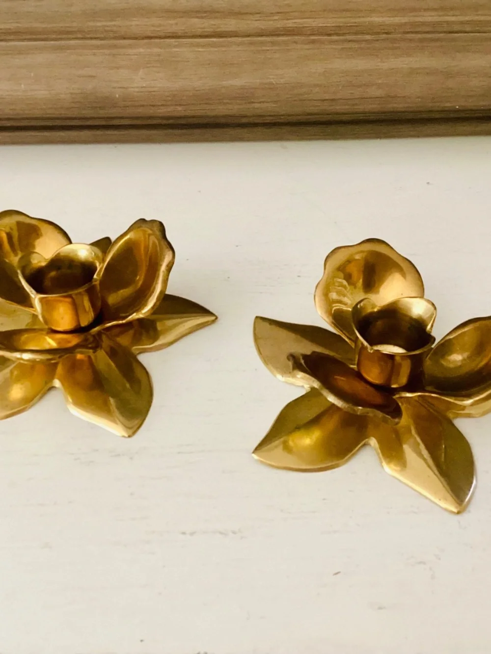 Set of 2 Solid Brass Lotus Flowers Taper Candle Holders MCM Vintage Decor Metal